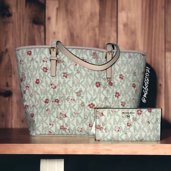 Michael Kors Jet Set Logo Floral MD Carryall Tote SET - Picture 2 of 9